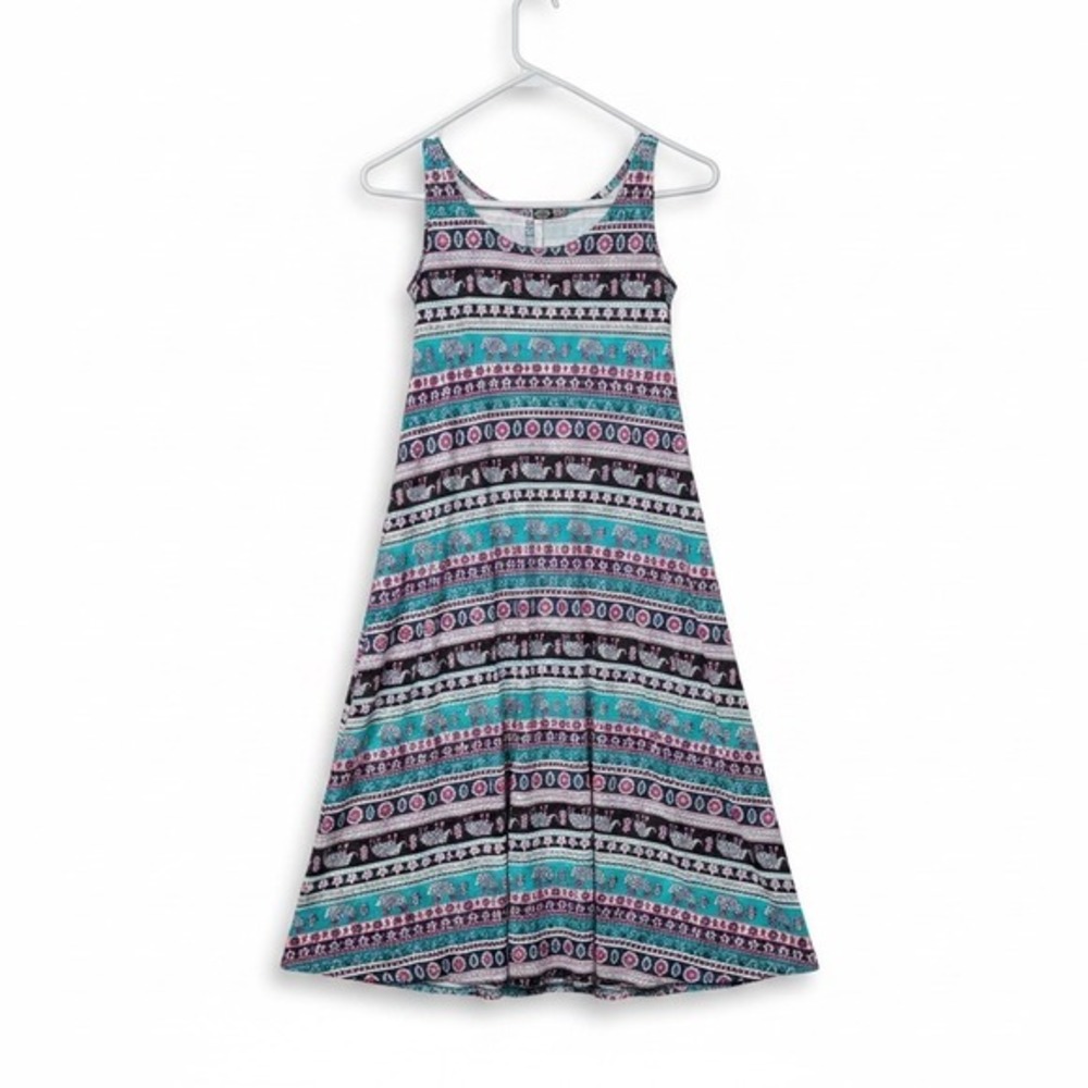 Boho Elephant Print Sleeveless Midi Dress Teal Purple Tribal Geometric A-Line - Picture 2 of 2